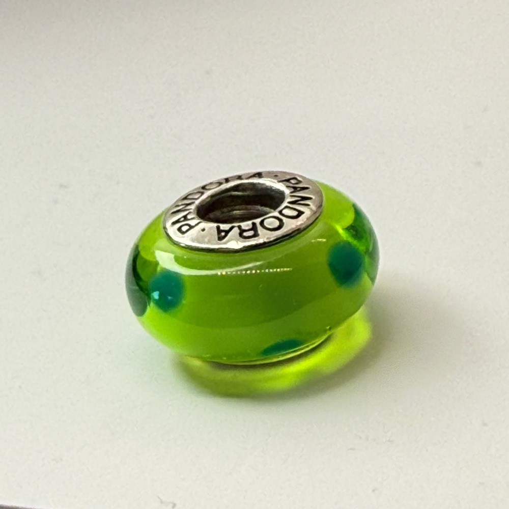 Pandora Retired Lime Green Murano Glass Dark Green Dot Charm ALE 925